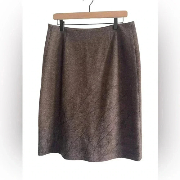 BROOKS BROTHERS Wool Slit Lined Pencil Skirt Size 14 Brown Floral Stitching - Picture 1 of 11